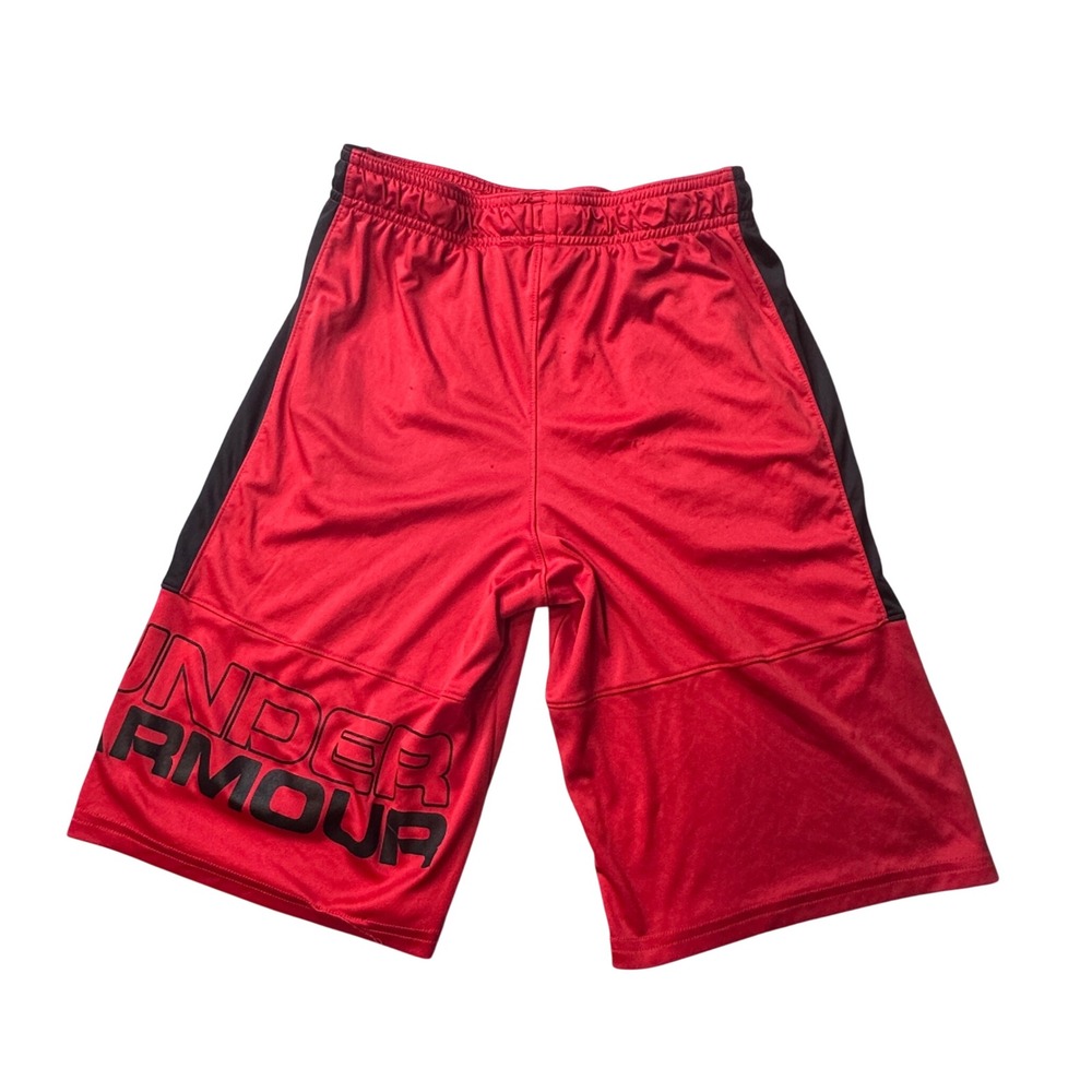 Under Armour Shorts Kids Large Red HeatGear Loose Fit Athletic Basketball Logo - Picture 2 of 9